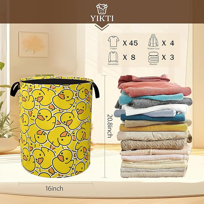 Collapsible Laundry Basket,Yellow Ducks Dirty Clothes Hamper,Cute Cartoon Animal Hampers for Bedroom Waterproof Oxford Cloth Storage Organizer for Bathroom,Nursery,Dorm,16x20 Inch