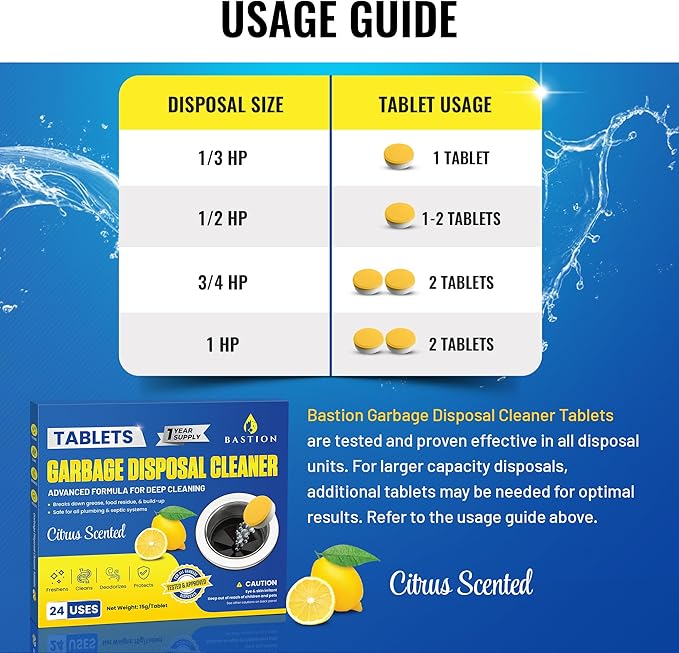 Bastion Garbage Disposal Cleaner Deodorizer Tablets - 24 Pack (1 Year Supply) Powerful Foaming XL 15g Fresh Citrus-Scented Foam Freshener Tabs Clean, & Eliminate Garburator Disposer Sink Odors