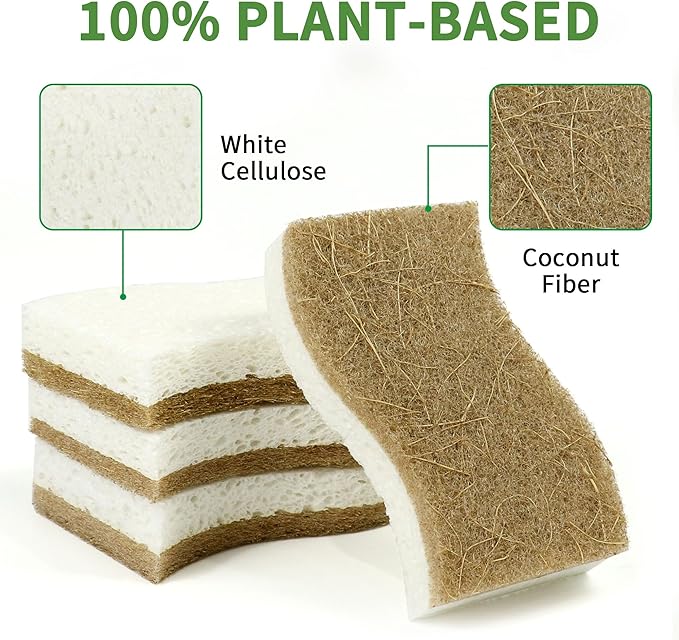KICKLEEN 9 Pack Biodegradable Natural Kitchen Sponge - Compostable Cellulose and Coconut Walnut Scrubber Sponge - Eco Friendly Sustainable Sponges for Dishes