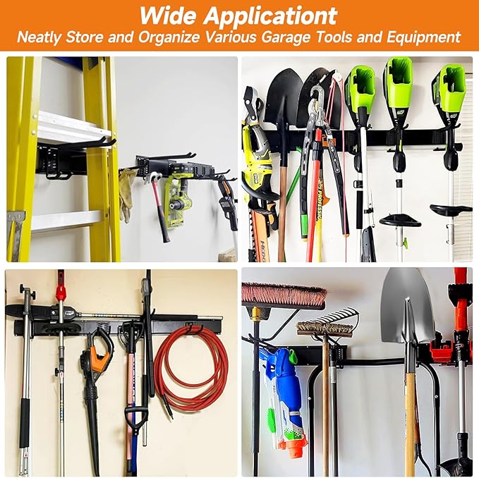 Garden Tool Organizer Wall Mount, Heavy Duty 48 Inches Garage Organization and Storage Racks for Yard Tools with 6 Hooks, Tool Hangers Holders for Hanging Folding Chair, Rake and Shovel
