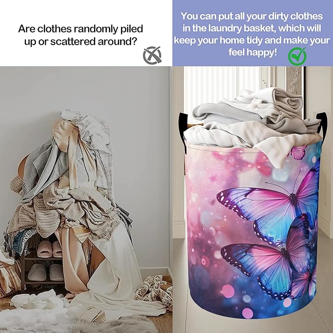 Purple Lavender Laundry Basket, Butterfly Oxford Cloth Laundry Hamper With Handle Foldable Portable Clothes Storage Basket Storage Bag For Laundry Room/Bathroom/Bedroom/Dormitories