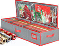 HOLDN' STORAGE Premium Wrapping Paper Storage Container - Durable 600D Tear-Proof, Fits 27 Rolls Gift Wrap, Extra Pockets for Ribbons & Bows, Underbed Storage - Ideal for Holiday Christmas, Grey/Red Trim