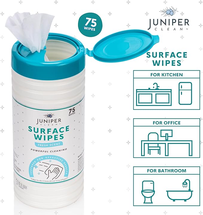 Juniper CLEAN 6 Pack Surface Cleaning Wipes Bleach Free, All-Purpose Cleaner for Bathroom, Kitchen, Office, 450 Count Canister, 7.5" x 7" Sheet, Fresh Scent, Lint Free & Durable