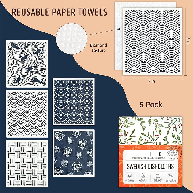 Augine Swedish Dishcloths, 5 Pack Swedish Dishcloths for Kitchen, Super Absorbent, Biodegradable, Quick Drying, Dishwasher Safe