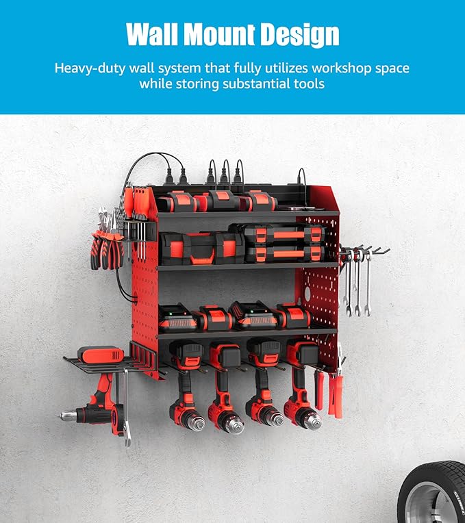 CCCEI Modular Power Tools Organizer with USB Charging Station, 4 Layer Drills and Battery Storage Wall Mount, Garage Shop Organization, Anniversary, Birthday, Gifts for Men, Father, 10FT Cord, Red.