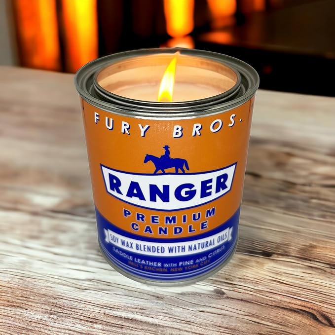 Fury Bros. Scented Candles for Men | Ranger | Saddle Leather Pine Citrus | Natural Soy Wax | Hand-Poured in The USA | Long 70-80 Hour Burn (12.5 oz) | Vintage-Inspired Tin Design | Dad Home Gift
