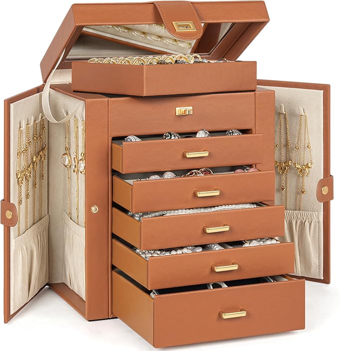 AKOZLIN 6-Tier Jewelry Box Organizer Functional 5 Drawers Leather Jewelry Storage Case for Women Girls Ring Necklace Earring Bracelet Holder Organizer with Mirror Dark Orange