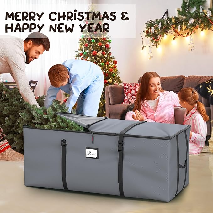 Mrrihand Christmas Tree Storage Bag, Large Artificial Christmas Tree, Anti-Tear Heavy-Duty 600D Oxford Cloth Christmas Tree Storage Box with Handles, Christmas Tree Storage Container (Grey, 9Ft)