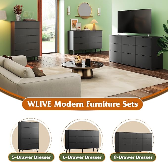 WLIVE Black Dresser for Bedroom, 47'' Wide 6 Drawer Wooden Chest of Drawers, Modern Dresser Storage Organizer, TV Stand for 55 inch TV, for Living Room, Hallway, Closet