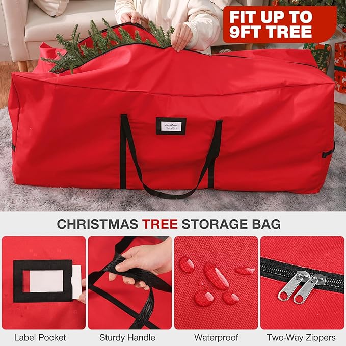 3 Pack Christmas Tree Storage Bag, for Artificial Trees up, Sturdy Waterproof With Reinforced Carrying Handles, Xmas Holiday Garland Bag Storage Case (Red, 9 Ft)