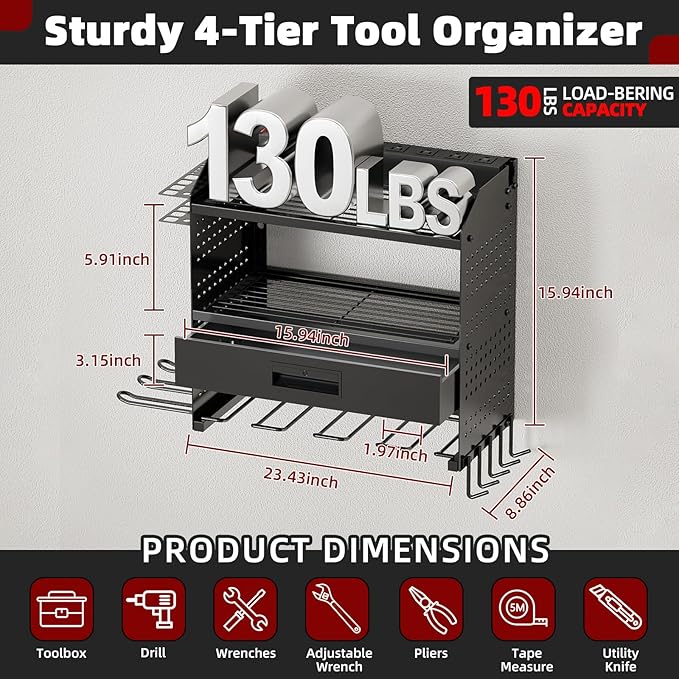 SEENWUUN Power Tool Organizer Wall Mount with Charging Station, 4 Layers Storage Rack with 6 Drill Holders & Battery Storage, Cordless Tool Organizer with Drawers for Garage, Workshop & Tool Room