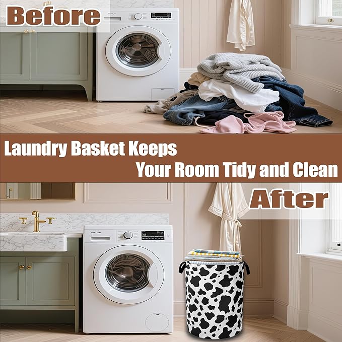 Cow Print Laundry Basket,Waterproof Foldable Laundry Hamper,Dirty Clothes Basket, Linen Bin Storage Organizer Collection 16" x 20.8"