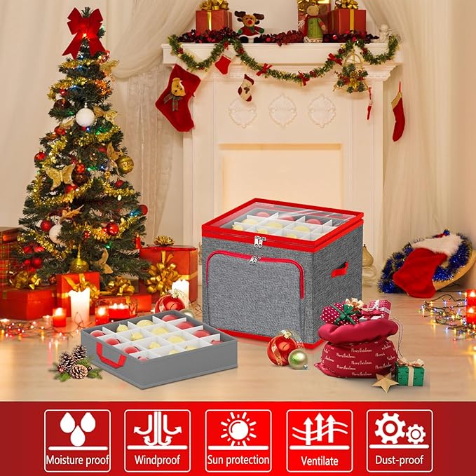 VERONLY Ornament Storage Box with Dividers, Christmas Ornament Storage Containers Include Trays and Zippers, Holiday Ornaments Storage Container with Handles for Xmas(64 Ball, Grey)