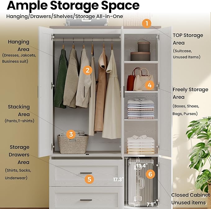 ANCTOR Freestanding Wardrobe Closet 70.6" H, Tall Armoire Wardrobe Closet 3 Doors with Hanging Rod, Drawers, Adjustable Cube Shelves and a Closed Cabinet Organizer Modern Bedroom Clothes Cabinet