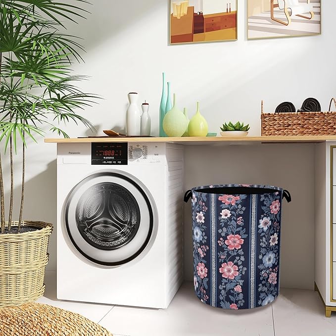 Boho Vintage Flower Laundry Basket,Foldable Oxford Cloth Tote Bag Laundry Hamper Clothes Storage Bucket Organizer for Bedroom Laundry Storage Dormitories 16" x 20.8"