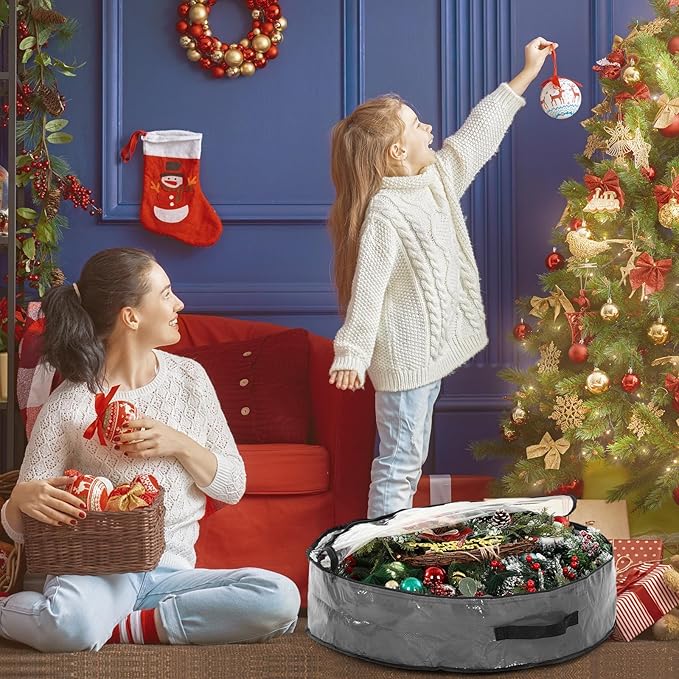 Aliceset 4 Pack Wreath Storage Containers, Christmas Ornament Garland Wreath Storage Bags with Handle Dual Zipper Large Decorative Storages Box for Winter Wreaths(36 x 36 x 7.8 Inch,Gray)