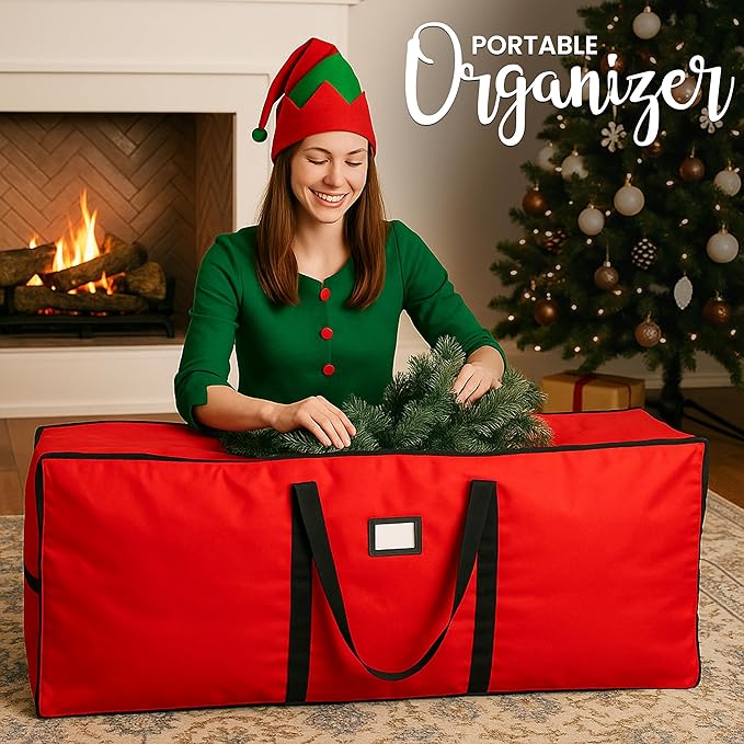QUENTRO Heavy Duty Christmas Tree Storage Bag - Fits Up to 9ft Tall - Waterproof 600D Polyester Xmas Tree Bag with Reinforced Handles & Secure Zipper – Foldable Durable Holiday Storage Solution (Red)