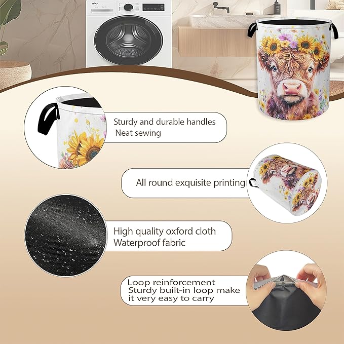 Collapsible Laundry Basket,Cute Highland Cow Dirty Clothes Hamper,Watercolor Flowers Hampers for Bedroom Waterproof Oxford Cloth Storage Organizer for Bathroom,Nursery,Dorm,16x20 Inch