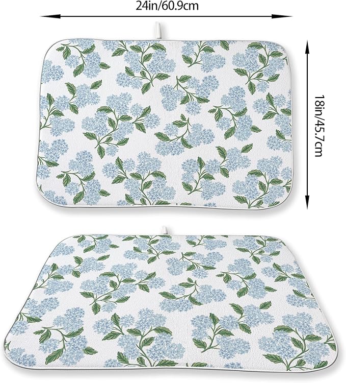 Blue Sage Green Floral Dish Drying Mat 18 x 24 Inch Spring Hydrangea Floral Drying Mat for Kitchen Counter Absorbent Summer Flowers Dishes Dry Pad for Drainer Rack Kitchen Fast Dry
