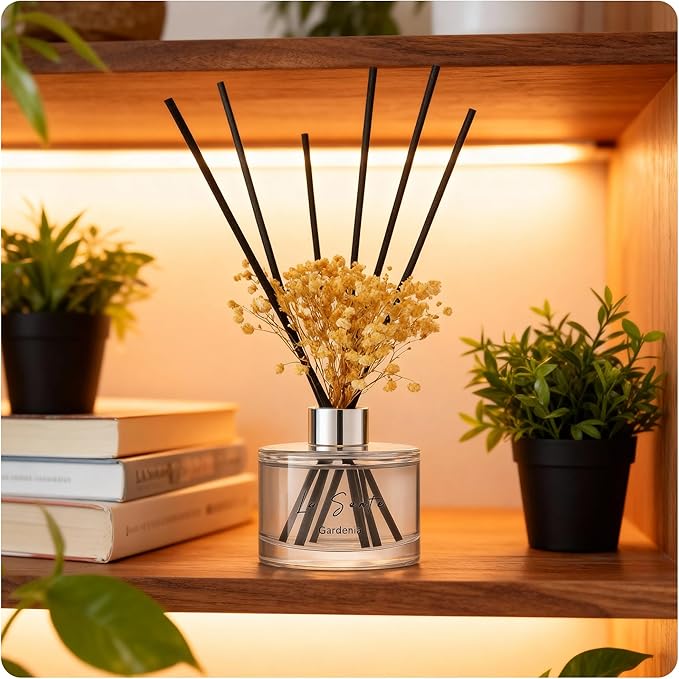Reed Diffuser Set (6.7fl oz), Natural Gardenia Essential Oil Fragrance with Glass Bottle, Black Rattan Sticks & Preserved Flowers, Up to 120 Days Lasting Fragrance for Home & Office