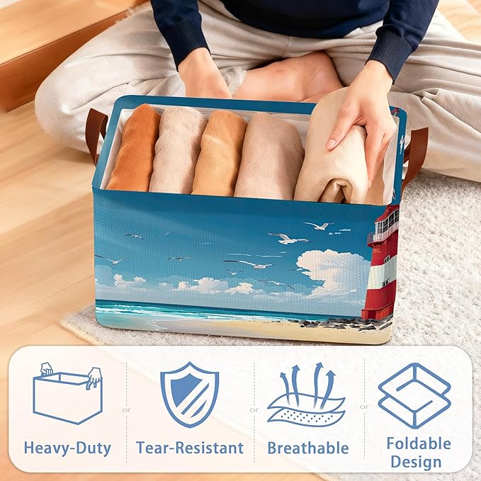 Lighthouse Seagull Storage Baskets,Beach Foldable Organizer Bin with Handles for Home Living Room Bedroom Closet Box 17x11.5x10Inch