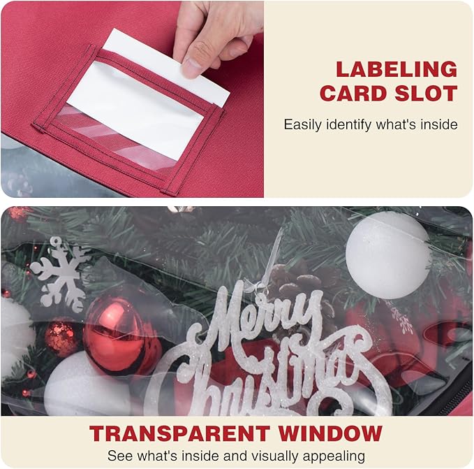 Christmas Wreath Storage Bag 24 inch Christmas Decoration Container with Transparent Window Garland Storage Bag with Three Handles Double Zipper (red) (24")