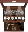 GUKA Watch Box 12 Slot Watch Display Organizer Leather Jewelry Case Drawer Glass Birthday for Men Women, Child Husband Dad GK-012-BROWN-LED-24