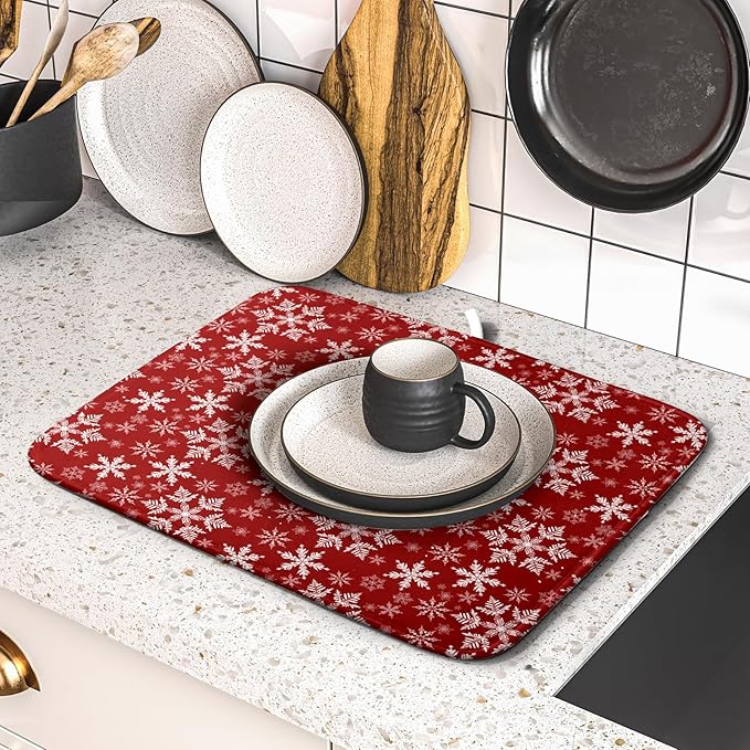 Christmas Dish Drying Mat for Kitchen Counter 18x16 Inch Xmas Snowflake Drying Mat with Absorbent Reversible Microfiber Red Dish Drainer Mats Rack Pad for Coffee Countertop Protector