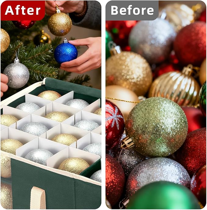 inin Christmas Ornament Storage Box with Adjustable Dividers,Christmas Ornaments Organizer with Zipper,Storage Container Bin with Side Pockets for Holiday Decorations(128 Ball, Green, Without Tray)