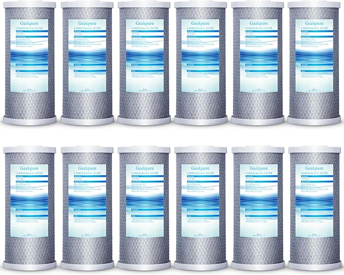 Geekpure 10-Inch Carbon Block Replacement Water Filter Cartridge for Whole House Water Filtration-4.5" x 10"-5 Micron -Pack of 12