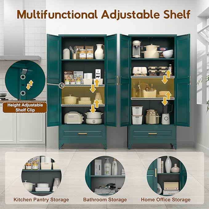 75" Kitchen Pantry Cabinet with Drawer, Tall Storage Cabinet with Doors and 4 Shelves, Metal Storage Cabinets for Kitchens, Living Room, Dinning Room, Assembly Required, Green