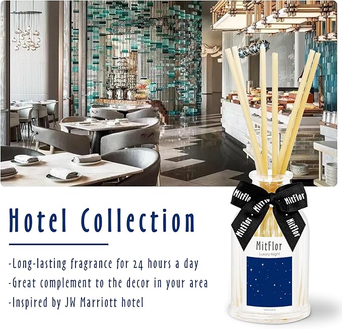 Reed Diffuser, MitFlor Luxury Night Air Freshener Diffuser for Shelf Decor, Hotel Collection Diffuser Oil - Apple, Berry, Jasmine, Musk, Oakmoss - 3.4 fl oz