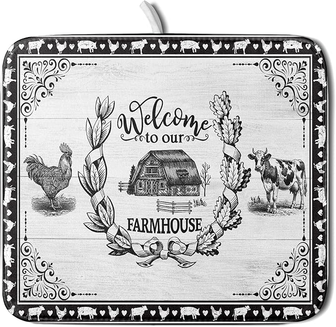 Farm Animal Dish Drying Mat 16x18 Inch Welcome to Our Farmhouse Microfiber Dish Drainer Pads Absorbent Fast Dry Kitchen Accessories