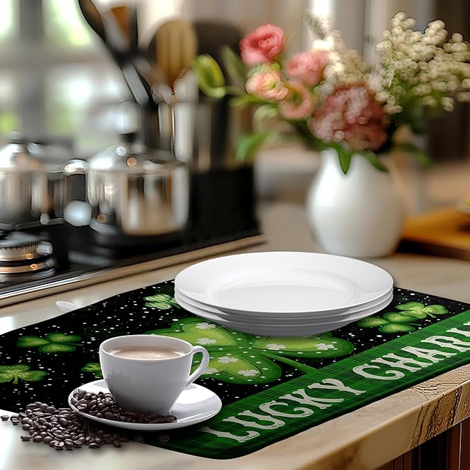 St Patricks Day Spring Dish Drying Mats St Patrick's Day Lucky Dish Mat Shamrock Drying Matt Dishes Dryer Pad for Kitchen Counter Absorbent Microfiber Washable Foldable Reusable 18x24 in