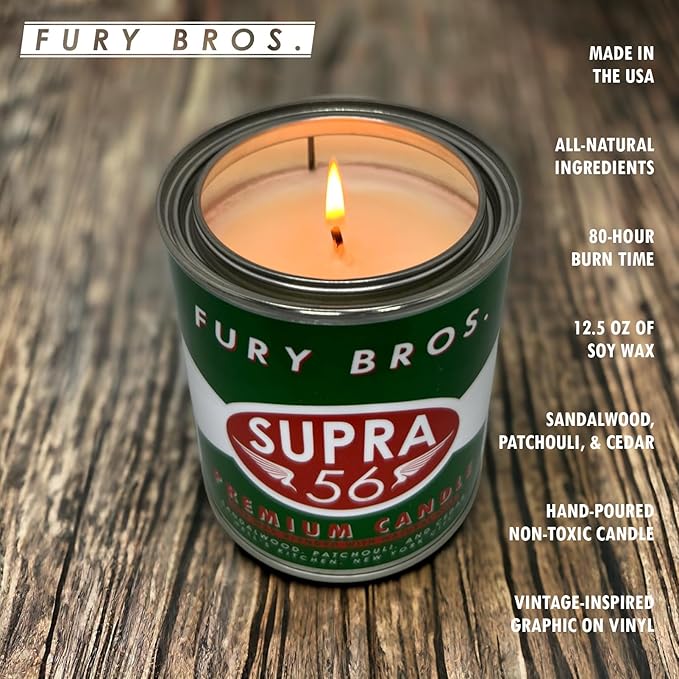 Fury Bros. Scented Candles for Men | Supra 56 | Sandalwood Patchouli Cedar | Natural Soy Wax | Hand-Poured in The USA | Long 70-80 Hour Burn (12.5 oz) | Vintage-Inspired Tin Design | Dad Home Gift