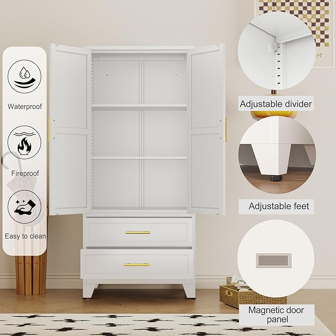 61" H Metal Pantry Storage Cabinet,Office File Cabinets with 2 Drawers and Shelves, Kitchen Cupboard Storage Cabinet for Bedroom and Dinning Room（White）