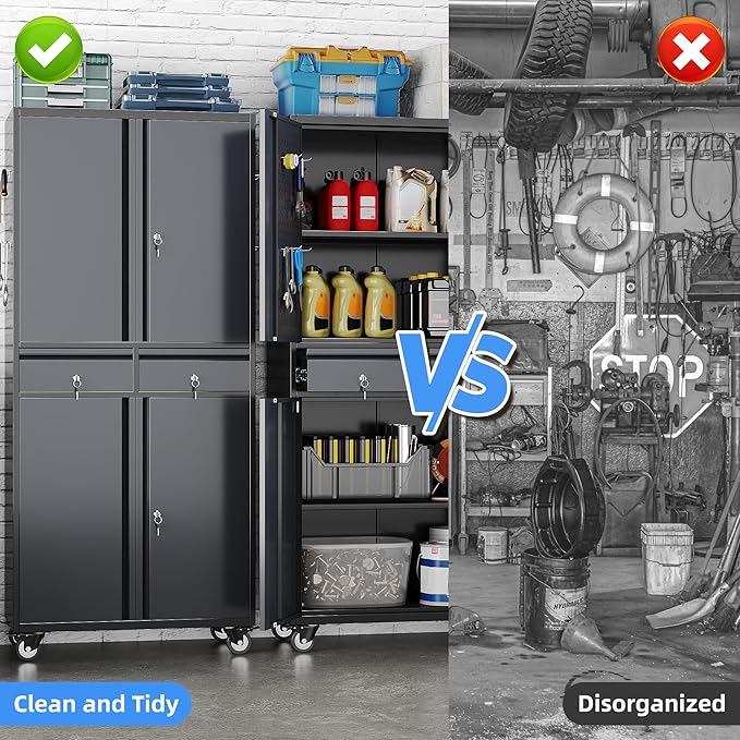 Metal Garage Storage Cabinet with 2 Drawers and 2 Adjustable Shelves, Rolling Tool Storage Cabinet with Wheels and Locking Doors for Garage, Warehouse, Assembly Required, Black and Dark Gray