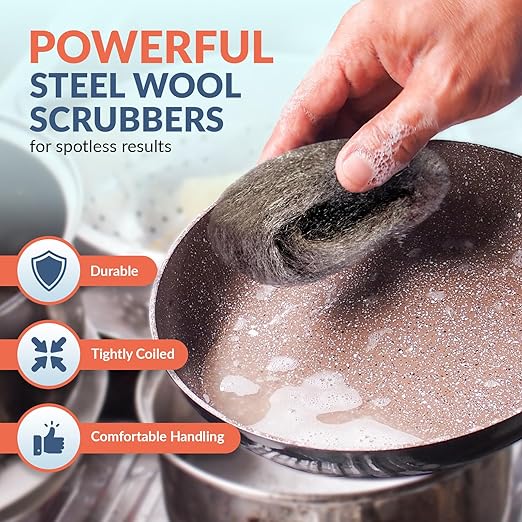 PAMI #0 Steel Wool Medium Fine Grade Scrubbers, Pack of 8, Reusable Non-Scratch Cleaning Pads for Kitchen and Bathroom