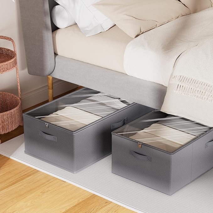 Chizjox 10inch 3 Pack Under Bed Storage Containers, 10 Inch Tall Underbed Clothes Storage Organizer Bin with Clear Window，Foldable Box Basket for Clothes, Closet, Bed Sheets and Blankets Gray