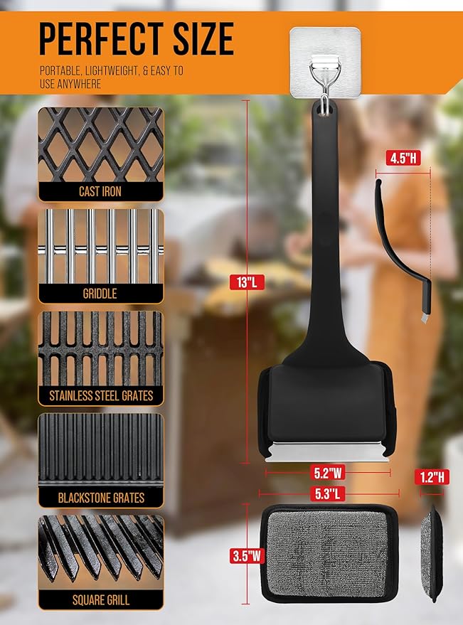 Grill Brush Bristle Free, Grill Cleaner Brush with 5 Replacement Heads, Ultra Safe Grill Brush for Outdoor Grill, Cast Iron, Stainless Steel Grates, Grill Scraper Outdoor BBQ Grill, Black