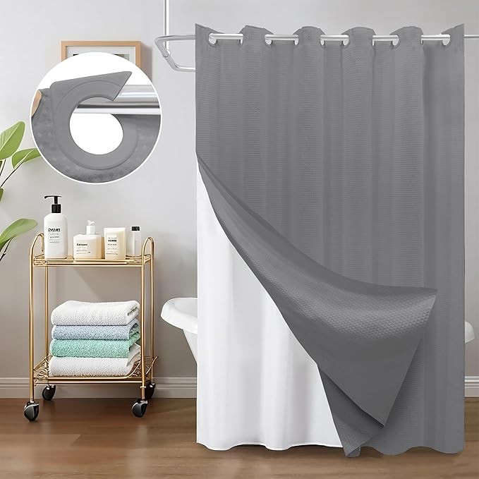 Inhousolu No Hook Waffle Weave Shower Curtain with Removable Snap in Fabric Liner Set for Bathroom, 230 GSM Heavy Duty Weighted Hem, Water Repellent Washable Bath Curtains, 72 x 84 Inch, Grey