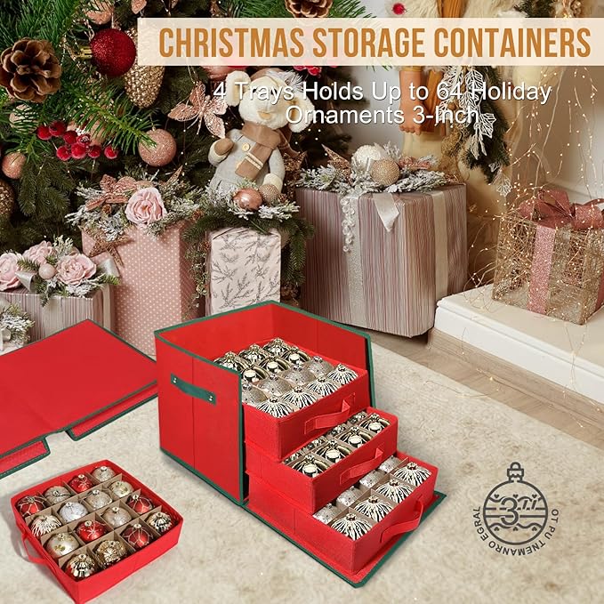 WDZREE Premium Large Christmas Ornament Storage,Box with Side Open, Drawer Style Trays - 3" Compartment, 4 Trays, Keeps 64 Holiday Ornaments -Made of Durable 600D Oxford Fabric Tear-Proof Material