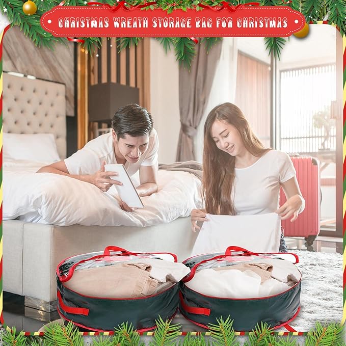 Shappy 4 Pcs Christmas Wreath Storage Bag Wreath Storage Container with Clear Window Plaid Box with Handles for Storing Garland Holiday Wrapping(Green,24 x 8 Inch)