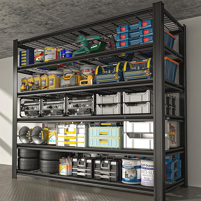 LI JIU HOME 6 Tier Metal Shelving Unit, Adjustable Storage Shelves, 84" H x 55" W x 24" D Heavy Duty Garage Shelves for Warehouse, Basement, Kitchen, Pantry, Living Room, Black (6T 84 * 55 * 24)