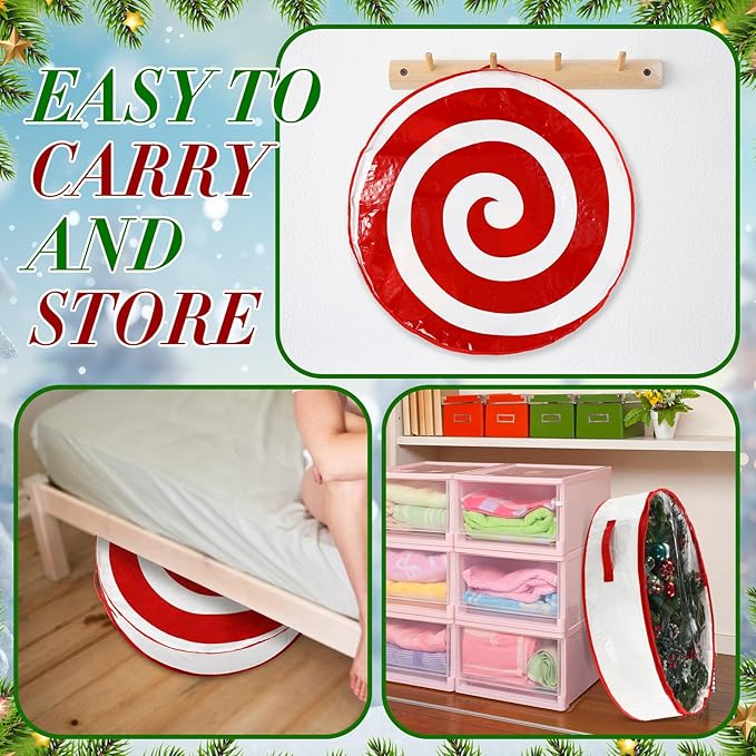 4 Pcs 24 Inch Christmas Wreath Storage Bag Candy Cane Wreath Storage Container Clear Window Dual Zipper Handle Red White Peppermint Garland Organizer for Holiday Decoration, Classic Lollipop