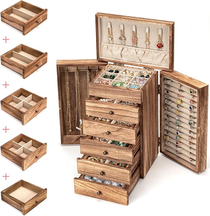 Jewelry Boxes for Women Girls, 9"x 5.9"x 12" Wooden 5-Layers Jewelry Organizer and Storage with Drawer, Suitable for Earring, Ring, Necklace, Bracelet, Gifts for Women