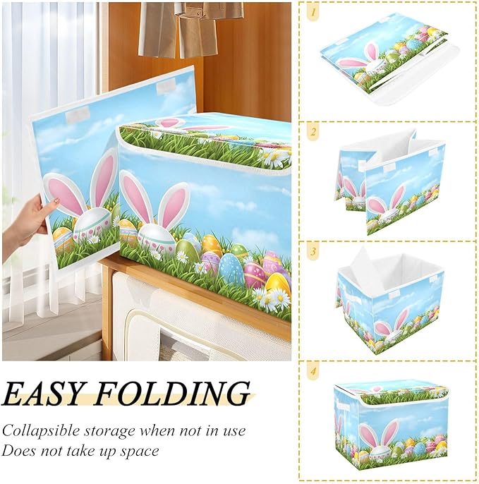 Bolaz Easter Bunny Ear Egg Storage Bins with Lids and Handles, Storage Box Basket with Cover Collapsible Organizer Containers for Home Closet, Shelves