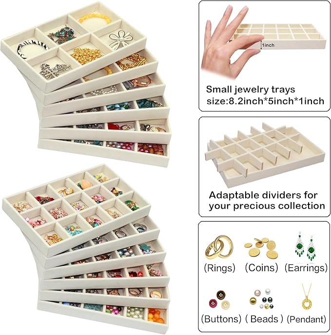 12 Pack Different Jewelry Organizer Trays for Drawer Stackable Adjustable Velvet Jewelry Box Tray Earring Holder Organizer