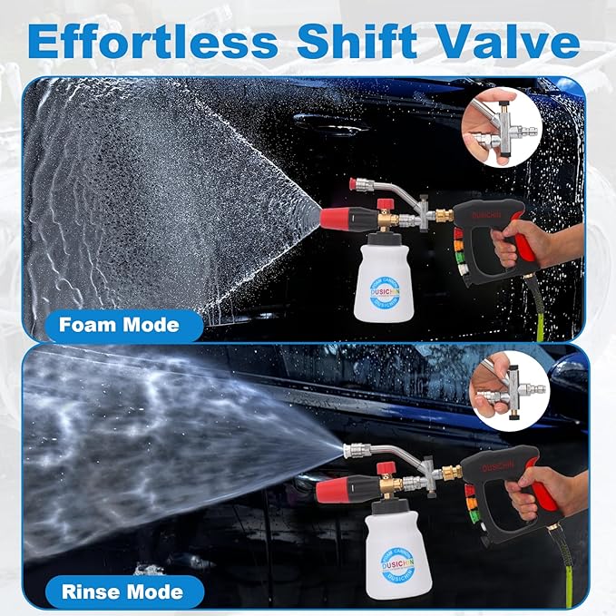 DUSICHIN Short Wand Pressure Washer Gun Foam Cannon 1/4" Quick Connector Pressure Washer Accessory,Car Wash Foam Gun Dual Ended Shift Connector 5 Pressure Washer Nozzles M22-14, M22-15 Brass Fittings