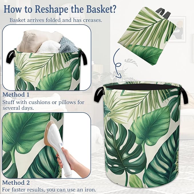 Tropical Palm Leaves Laundry Hamper With Handle,Foldable Oxford Cloth Laundry Basket,20.8"x16" Clothes Storage Basket for Laundry Room/Bedroom/Bathroom